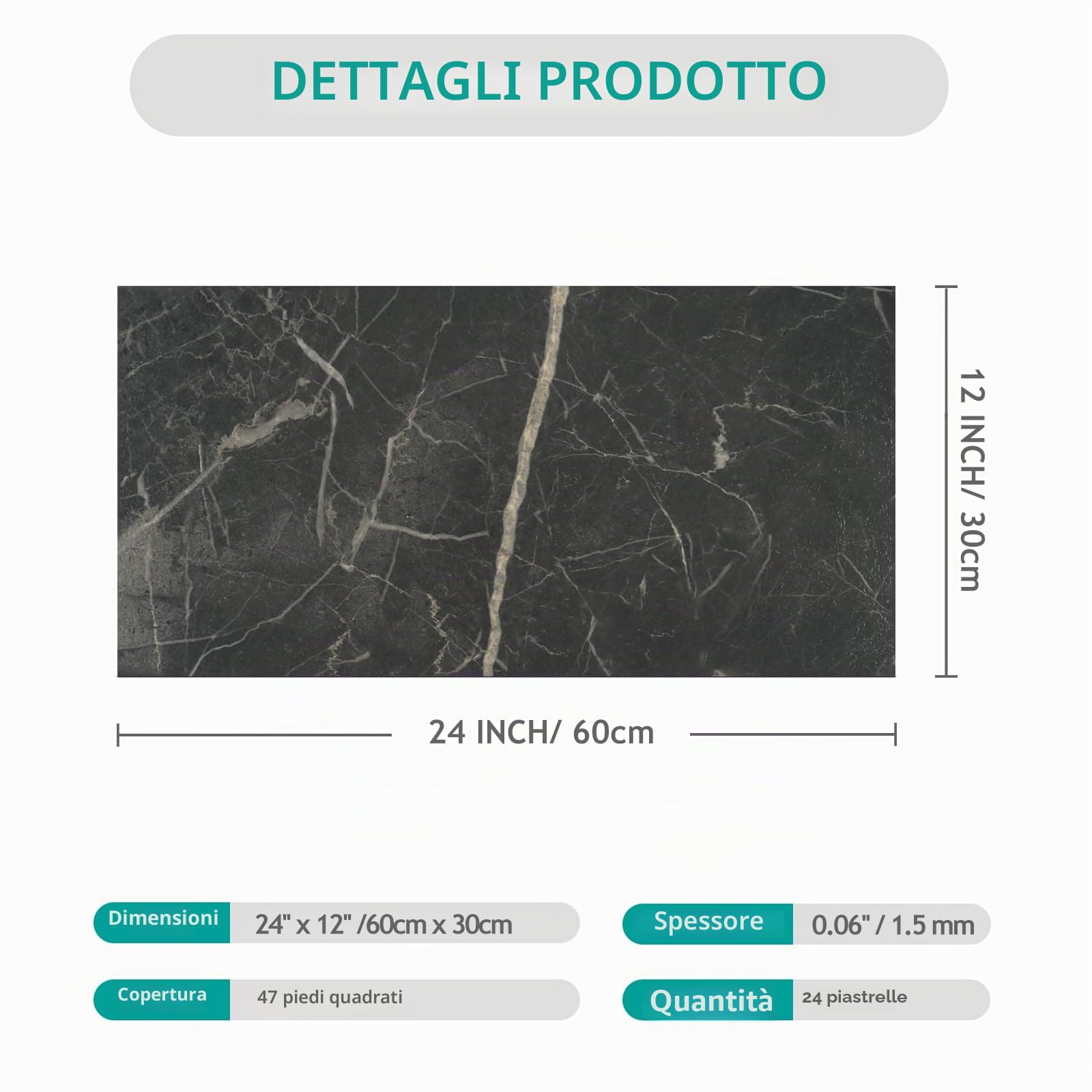 VEELIKE Piastrelle Adesive Cucina Marmo Nera Piastrelle Adesive Pavimento Bagno PVC Adesivo Pavimento Soggiorno Mattonelle Adesive Pavimento PVC Adesivo Effetto Marmo Spesso 1.5mm 60cm x 30cm 24 Pezzi