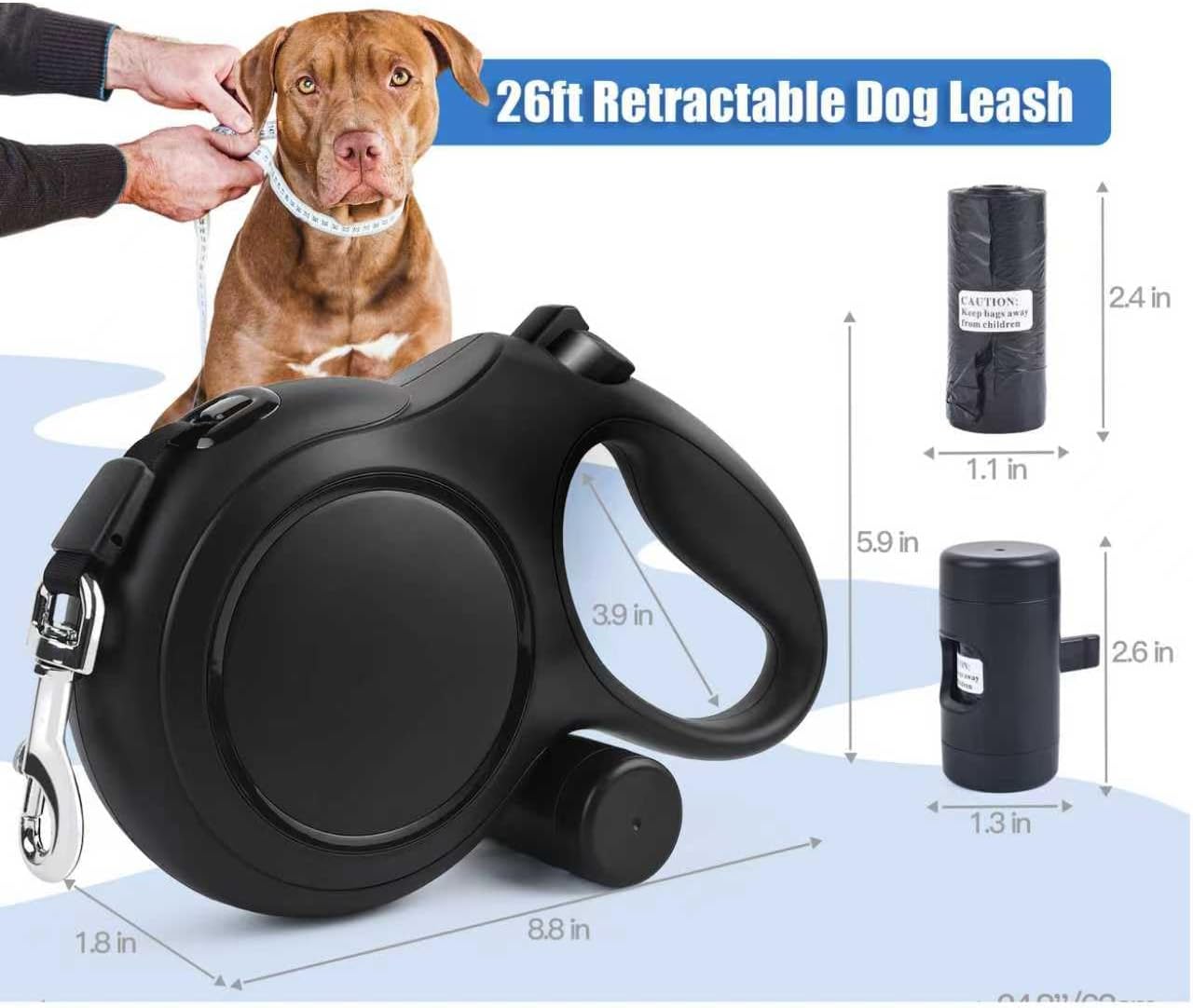 26 ft Retractable Dog Leash - Heavy Duty Retractable Pet Leash with Anti-Slip Grip for Medium to Large Dogs up to 110 lbs (Black)