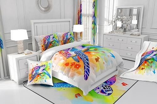 Miniatura 5 de Juego de funda de edredón de tortuga de teñido anudado, tamaño Queen, acuarela, tortuga marina, mariposa, juego de ropa de cama para niñas