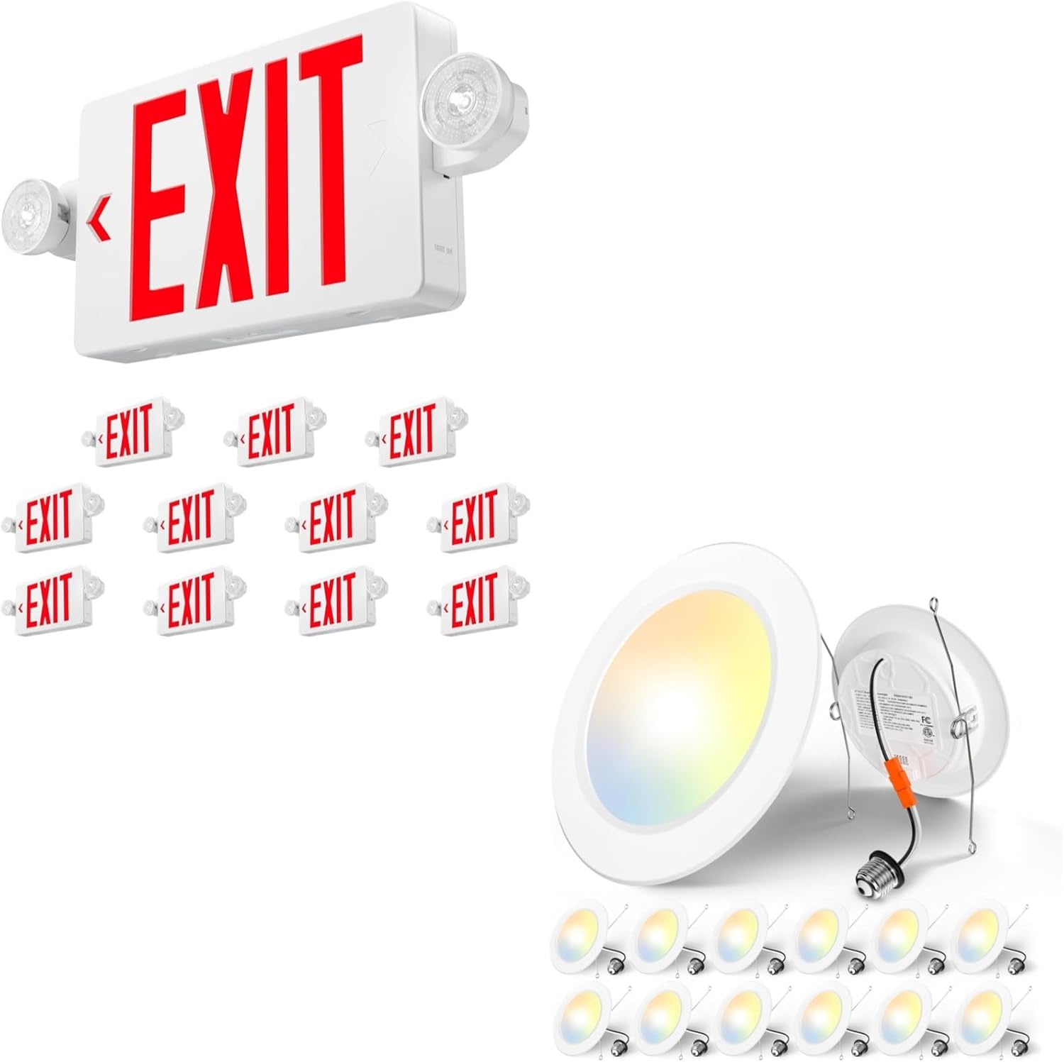 Amico 12 Pack Red Double-Sided Emergency exit Sign Recessed Lighting 5/6 Inch, 12 Pack 5CCT Flat LED Can Lights.