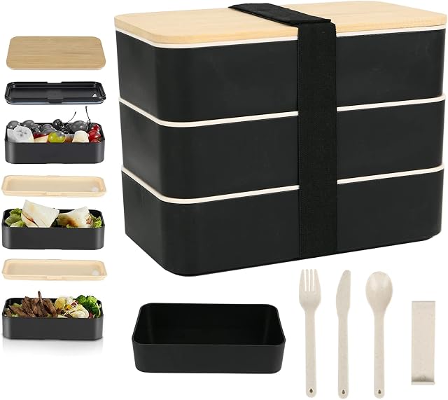 Bento Box Japanese,Lunchbox Food Storage Containers 2/3 Tiers Lunch Box with Compartment for Adults/Children Work School, Microwave Dishwasher Safe (3 Tier)