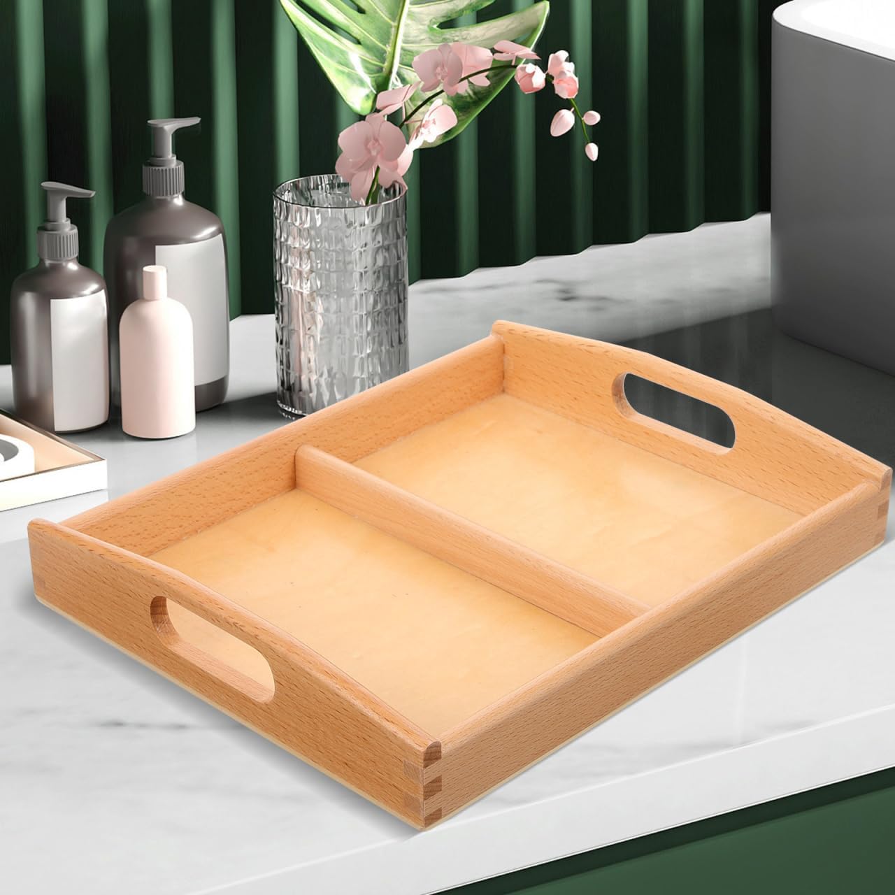 UPKOCH Small Wooden Montessori Tray with Handles, 2 Compartment image 5