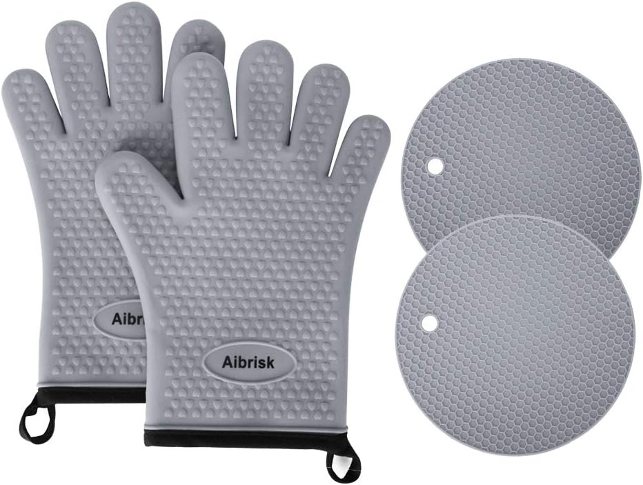 Aibrisk Silicone Oven Mitts and Pot Holders,4PCS Thicken Heat Resistant Flexible Non-Slip Surface Cooking Gloves and Potholders Trivet Mats for Safe Oven BBQ Kitchen Counter Hot Dishes or Pans（Gray）