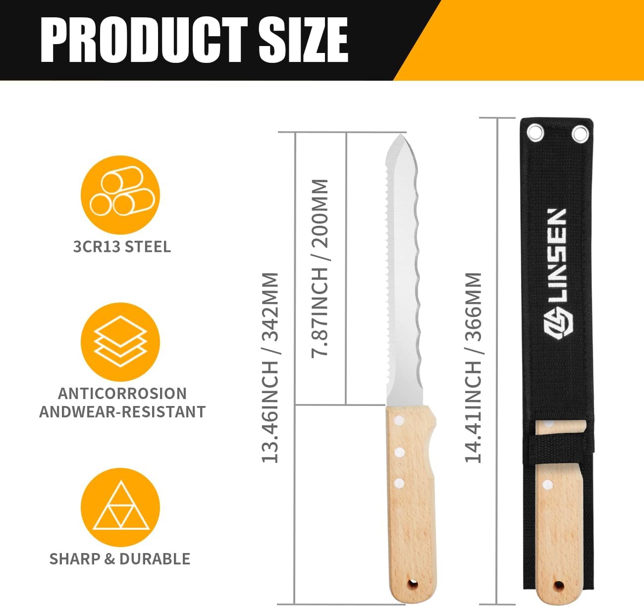 Insulation Knife, Stainless Steel Garden Knife with 7.8" Blade, Double Side Sod Cutter with Nylon Sheath for Cutting Mineral Wool and Insulation Foam Board