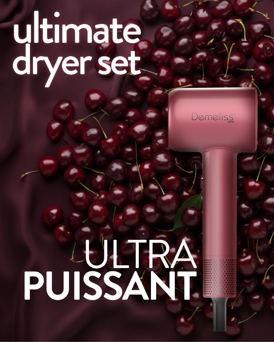 Demeliss Saint Algue Sèche Cheveux Cherry Chérie Ultimate Dryer – Moteur Digital – 4 Températures, 3 Vitesses – Concentrateur, Diffuseur, Brosse Lissante Inclus – Séchage Rapide, Coiffure Sur Mesure