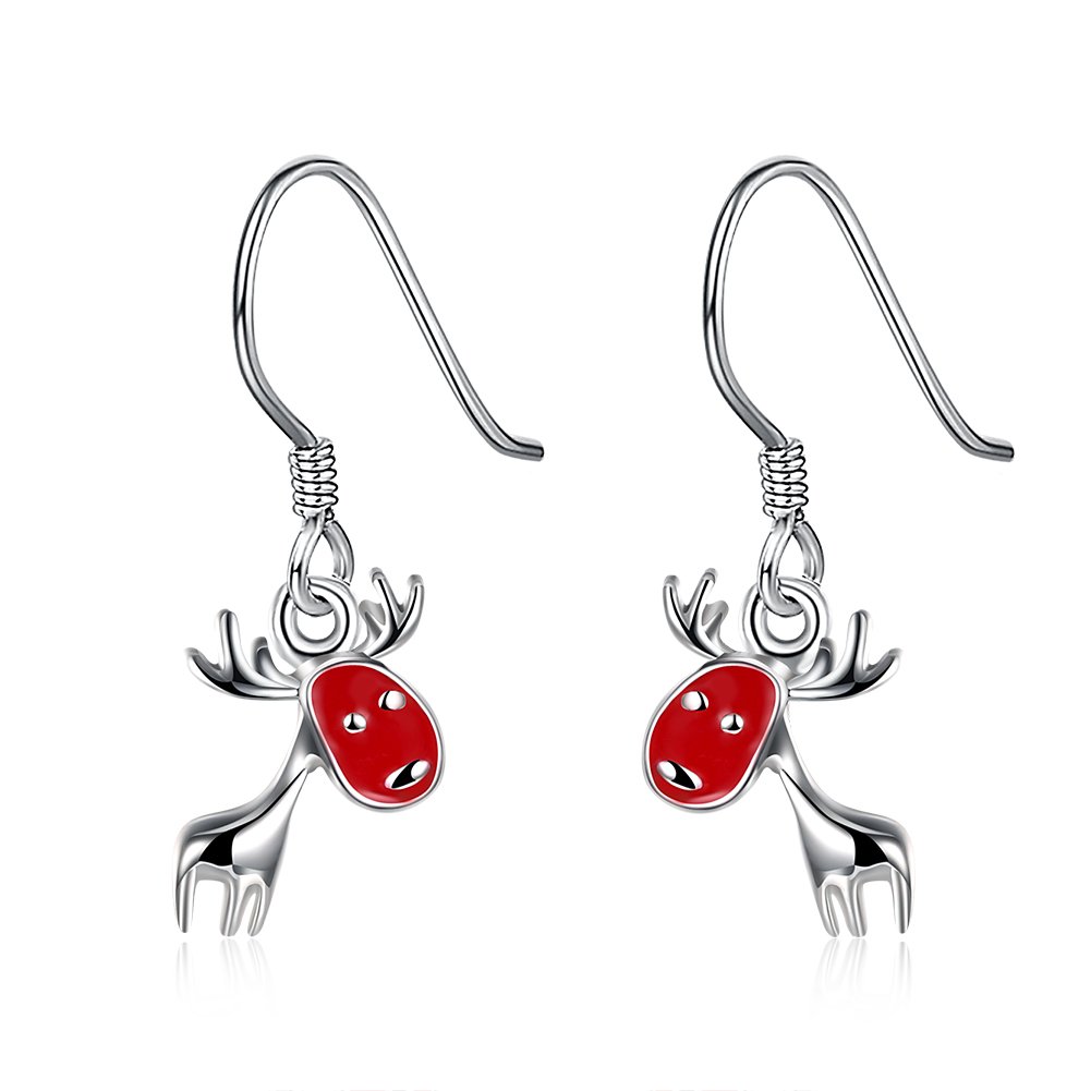 NA BEAUTY Sterling Silver Christmas Lovely Reindeer Dangle Hook Earrings with Red Enamel Finish
