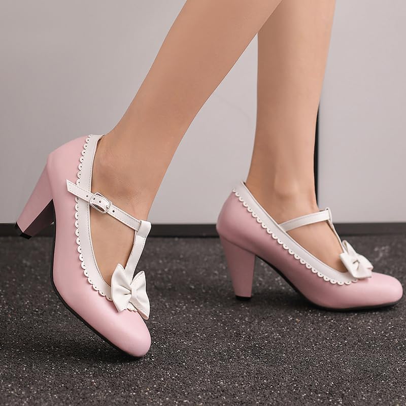 Image of Elbslutt Women's Cute Retro Rockabilly Shoes T Strap Mary Janes Heels Chunky Cosplay Shoes Sweet Block Heeled Bow Pumps