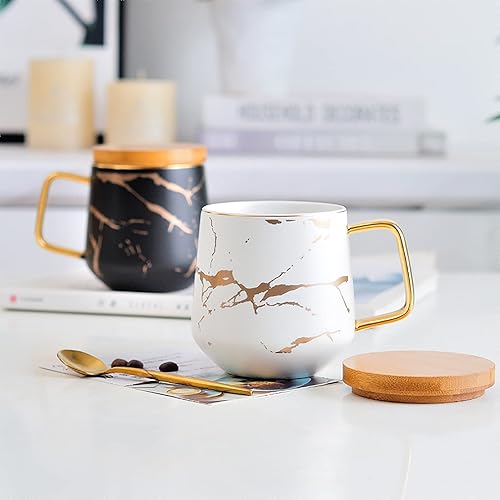 Miniatura 2 de LUCCK Taza de café de cerámica con tapa de madera, taza de té de 14.5 onzas, taza de té de lujo con incrustaciones doradas de mármol, taza de