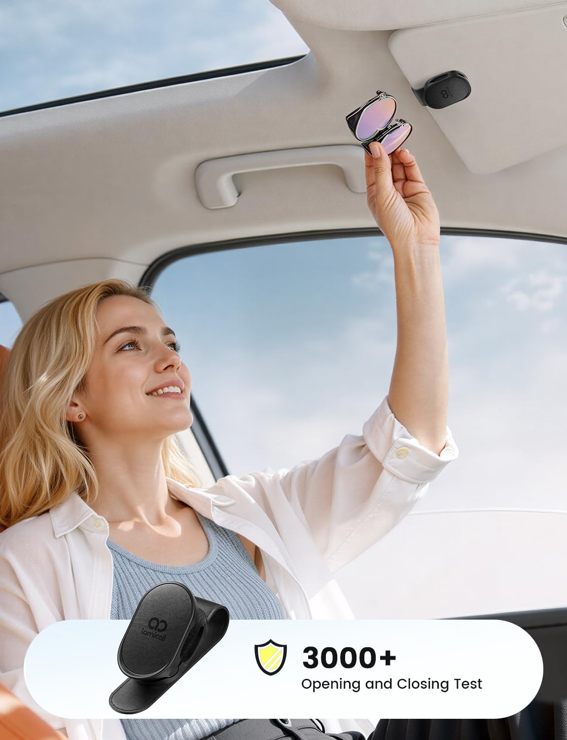 Lamicall Sunglasses Holder for Car Visor - [Auto-Lock] Car Glasses Holder with Soft Foam & Anti-Scratch Silicone, Leather Eyeglasses Clip for Different Size Eyeglasses, Car Visor Accessories - Black — view 2