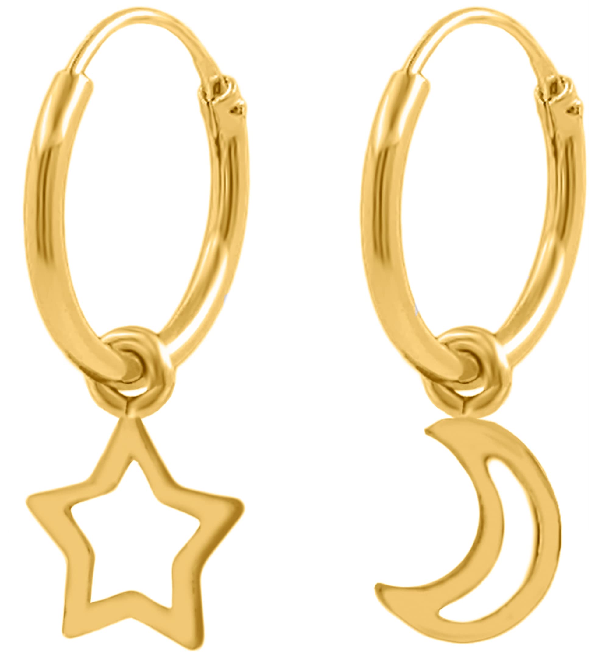 ENTREPLATA Pendientes de Aro Plata de Ley 925 Chapado Oro 24 K. Aretes Criollas Sterling Silver Dos Aros con Charm Colgante de Pequeña Media Luna y Estrella Dorados Calados
