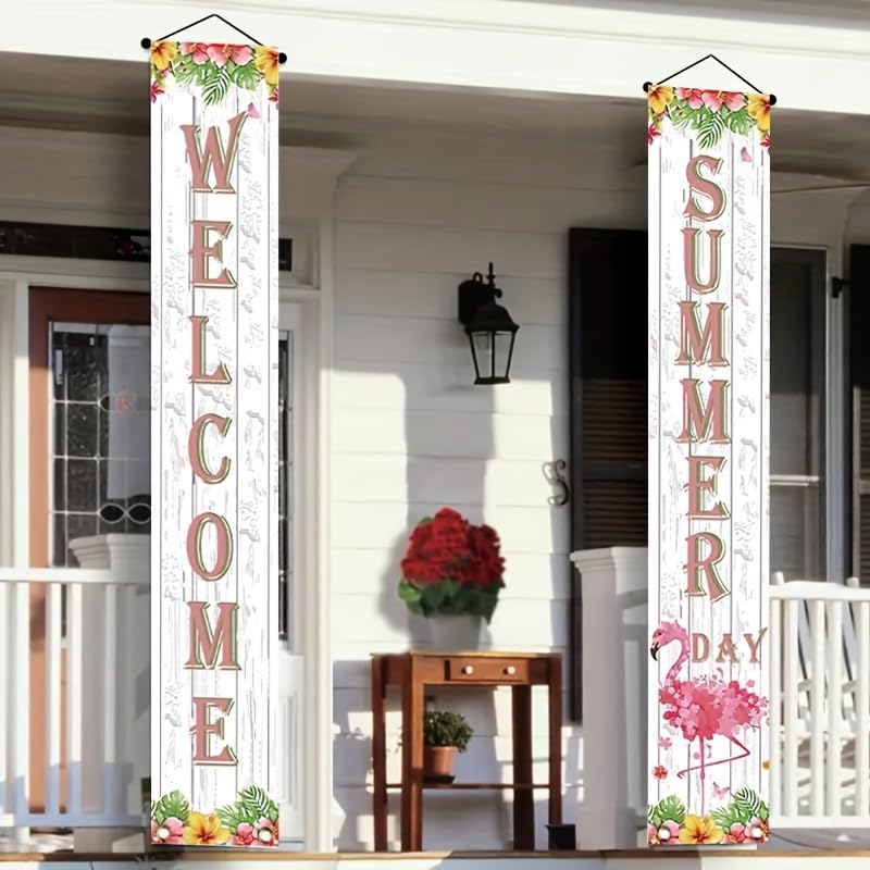 Image of BlissYard 2pcs Welcome Summer Door Banner Hawaiian Flamingo Porch Banners Sign Sunshine Hibiscus Floral Front Door Hanging Decor Banner for Seasonal Home Hawaii Tropical Party Outdoor Decorations