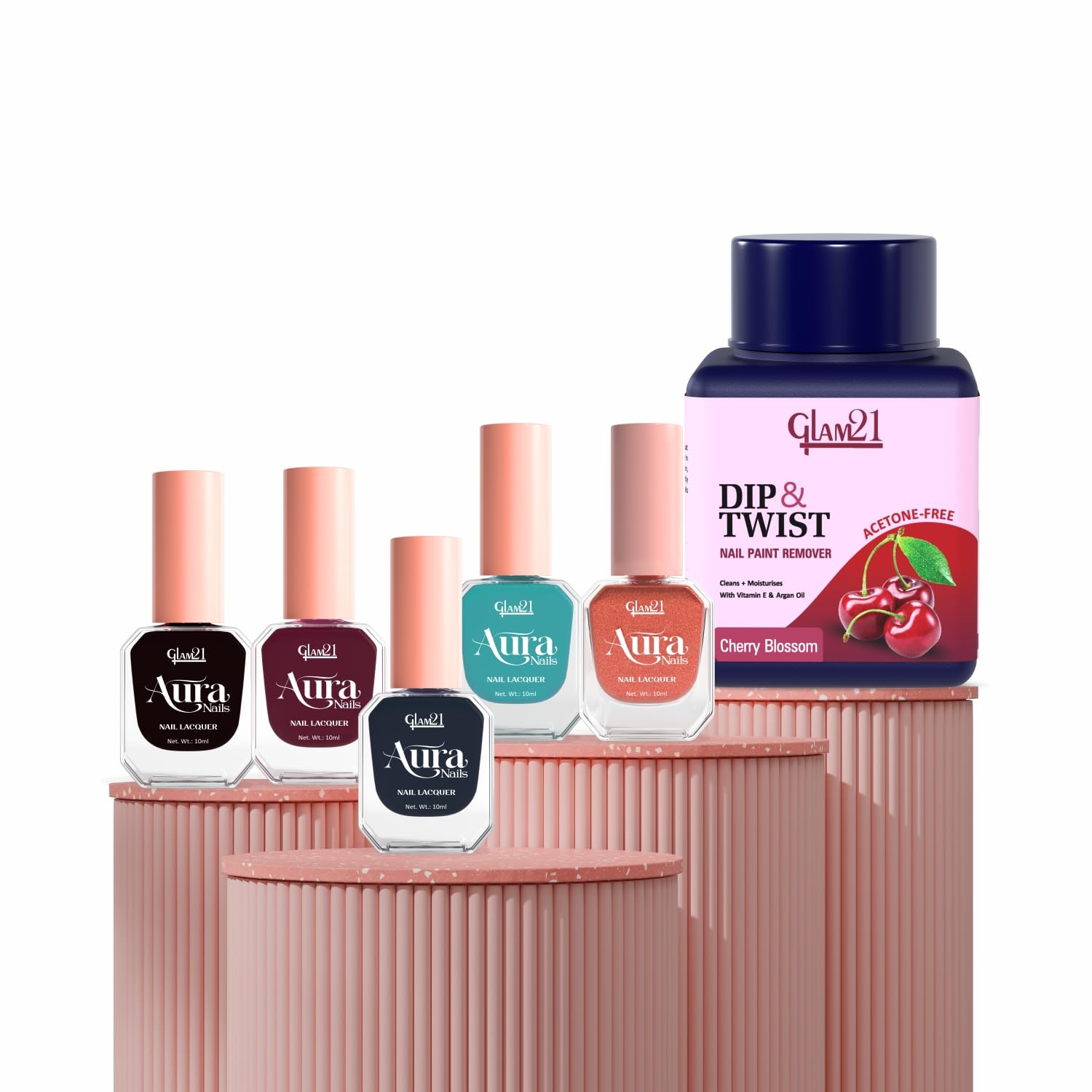 Glam21 Nail Care Combo | Aura Nails Nail Lacquer Pack of 5 + Dip & Twist Nail Polish Remover | Quick-Dry, High-Shine, Chip-Resistant Nail Colors | Acetone-Free with Argan Oil & Vitamin E | 80ml (Midnight Black,Vampy Vibe,Greyed Out,Ocean Ink,Iron Glow&Cherry Blossom ( Remover))-image-20