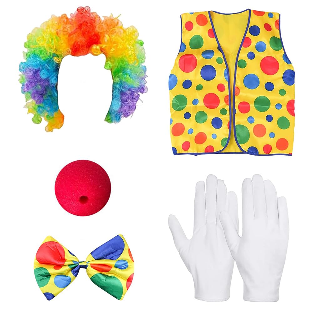 Hsthe Sea 5Pcs Clown Costume Kit: Clown Nose, Wig, Bow Tie, Vest for Halloween Parties & Performances, Multicolored