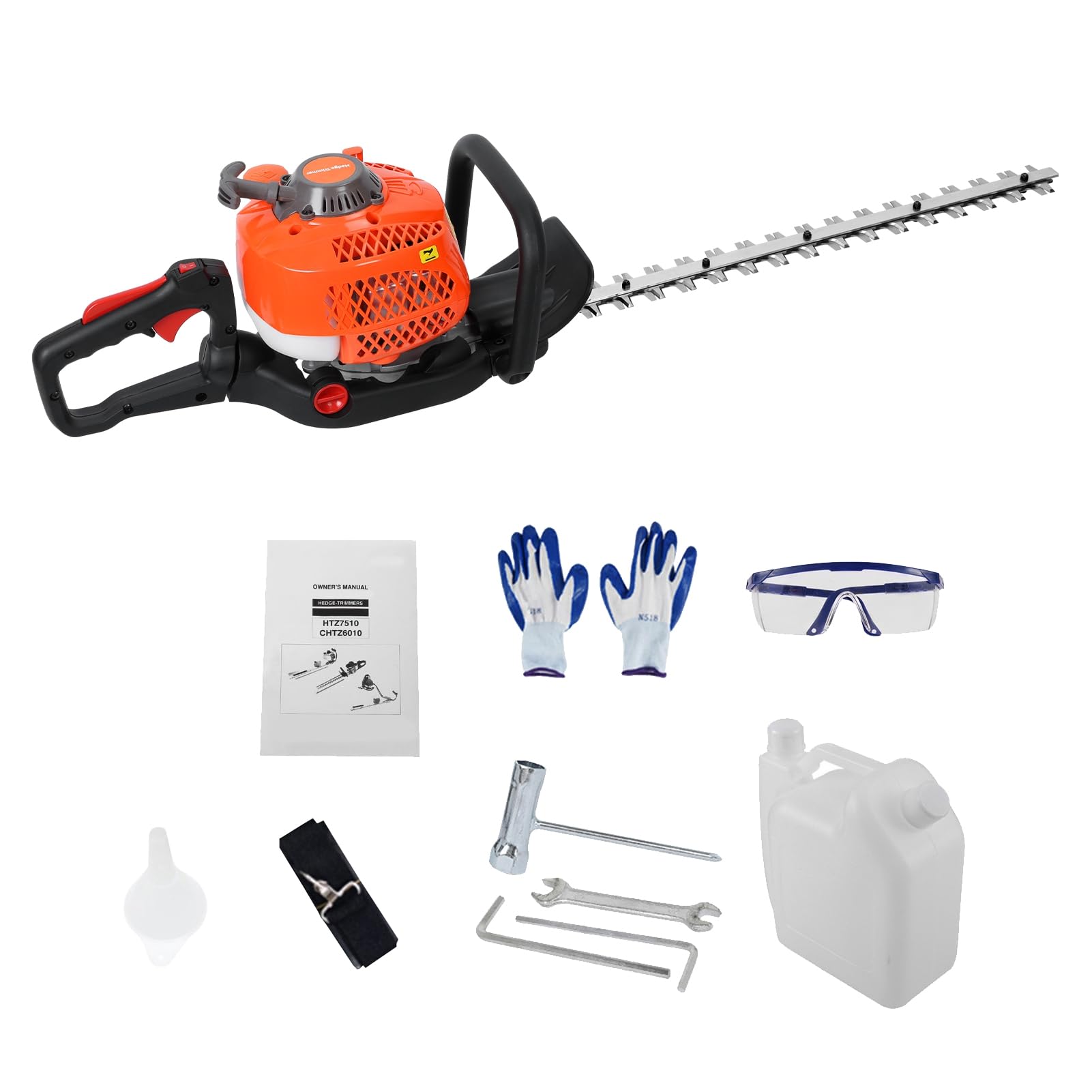 Cortasetos a Gasolina 26cc con Cuchilla Doble de 60 cm, Modelo Ligero de Metal con Mango Ergonómico, Eje Desmontable para Setos, Arbustos, Maleza y Jardines Exteriores y Huertos Naranja