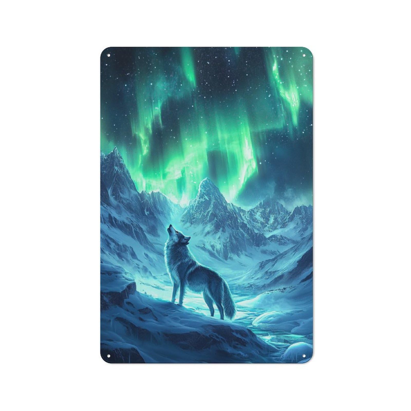 Wolf Under Aurora Borealis Rustic Metal Wall Decor 30x20cm, Metal Wall Sign for Pub, Home Bar, Shed Or Man Cave