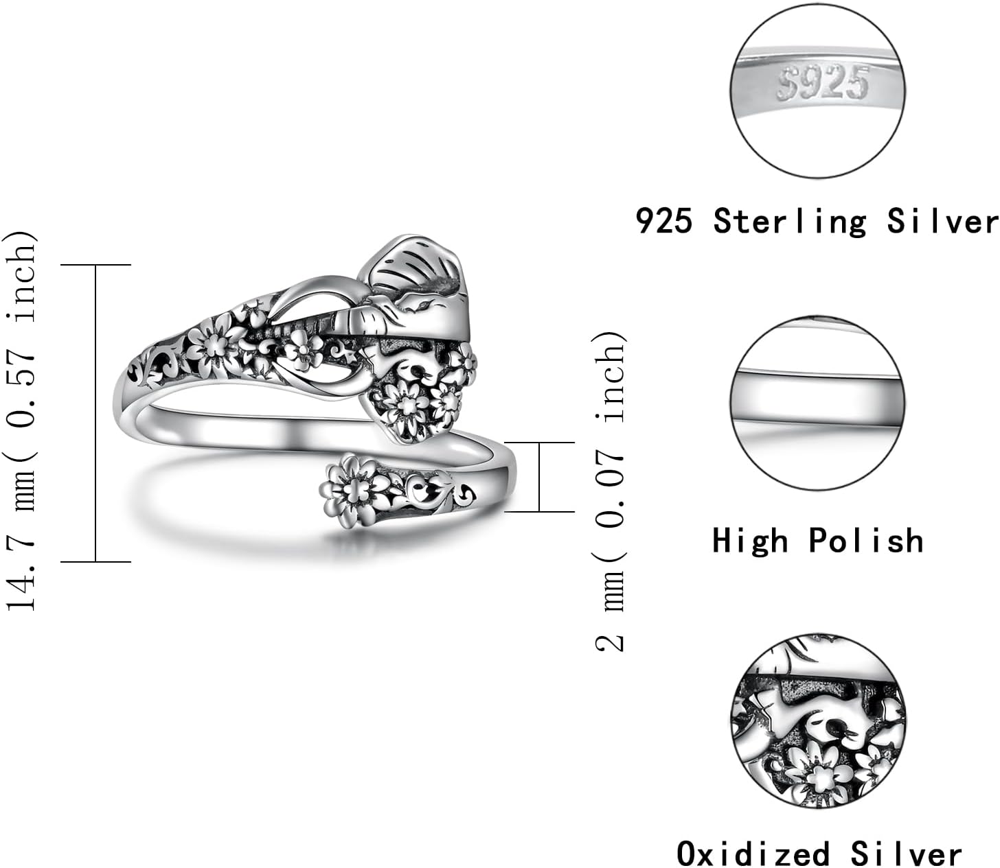 Elephant Spoon Ring for Women - 925 Sterling Silver Vintage Flower Thumb Rings Boho Style Jewelry Statement Gifts for Mom Grandma
