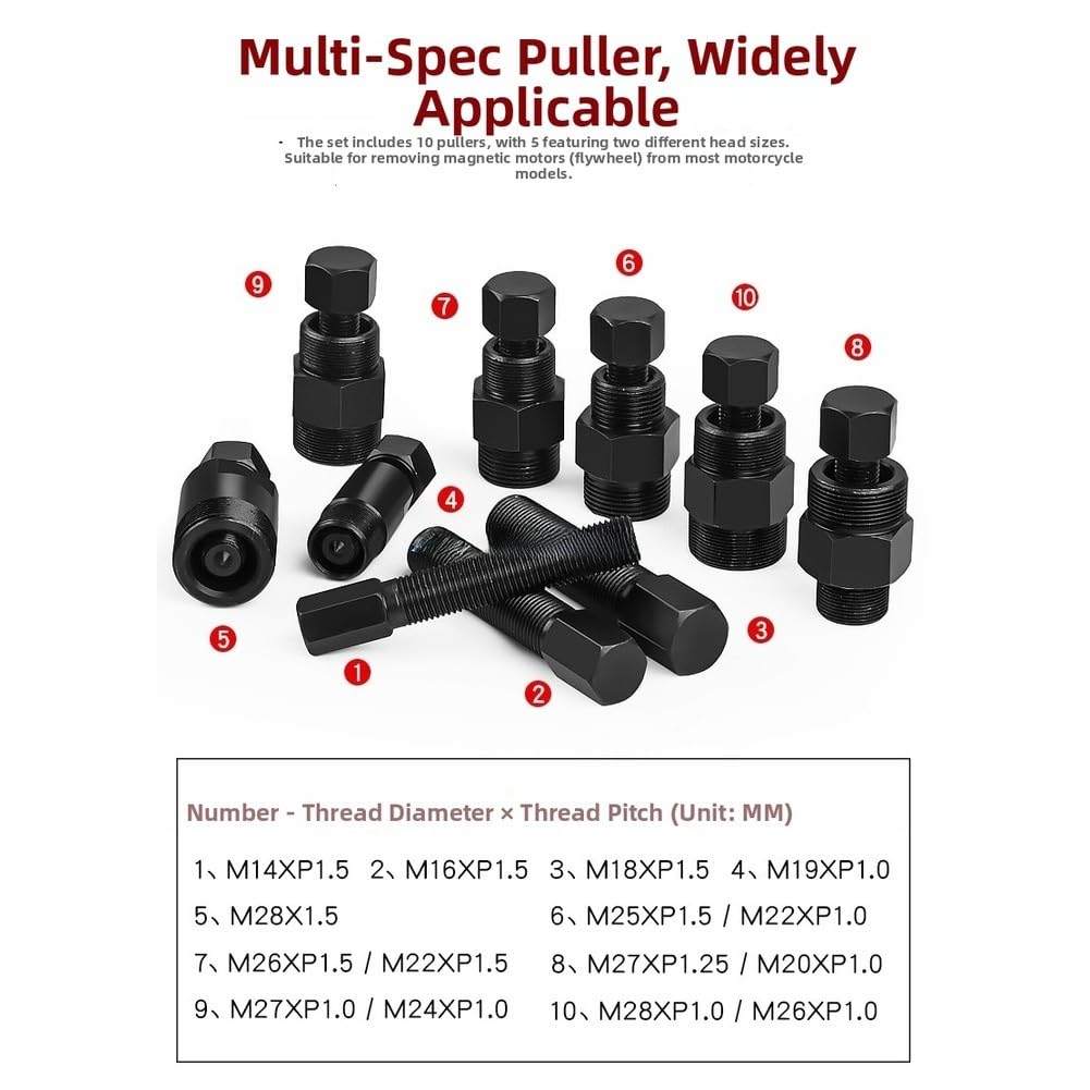 Set di 10 estrattori per volano per moto, in acciaio 45#, magnetico, per rimozione rotore, con finitura trattata termicamente, compatibile con la maggior parte dei volani MAGNETO