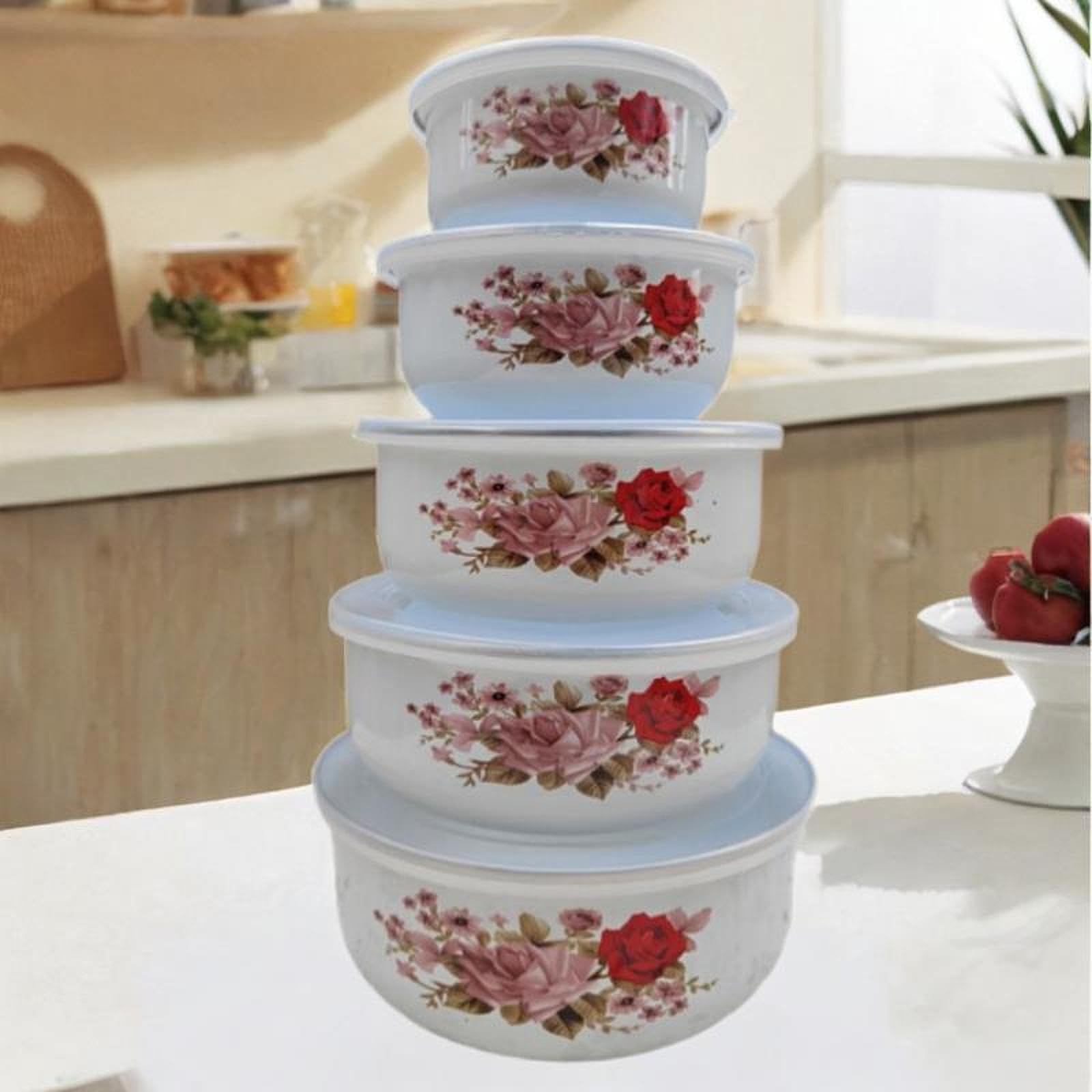 Set di 5 Ciotole Smaltate con Coperchio per La Preparazione E La Conservazione degli Alimenti, Style a
