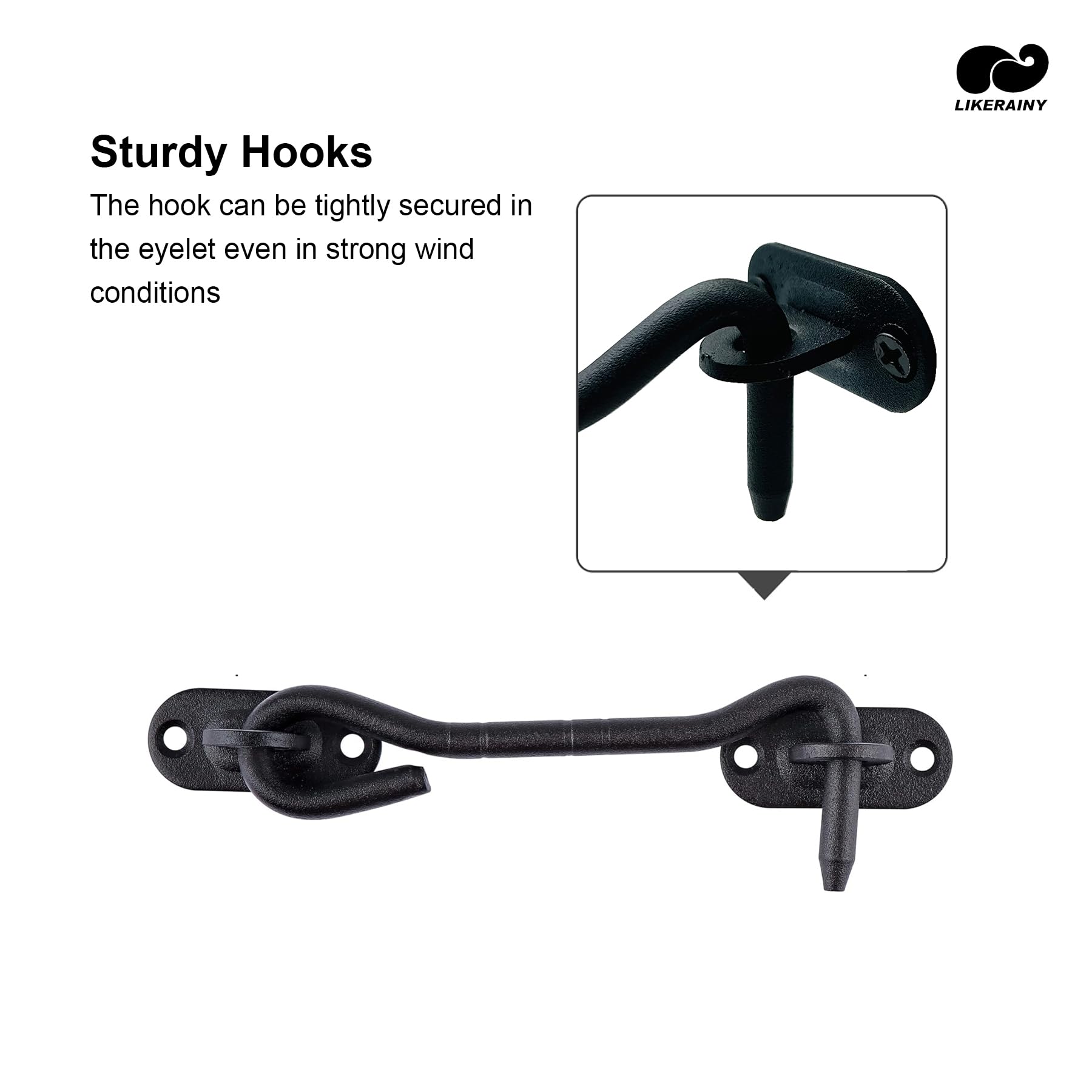 LIKERAINY Stainless Steel Cabin Hook 200 mm Gate Latch Door Lock for Sliding Barn Door Cabinet Window Shed Garden Fence Doors Black Pack of 4 pcs - Image 4