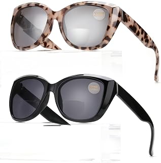 Glamorous 2 Pack Bifocal Reading Glasses Sunglasses women Driving/Reading/Sunbathing Designer Jackie O Frame UV 400 Protection Outdoor Vintage Sun Readers No Line (Black & Leopard) 2.5