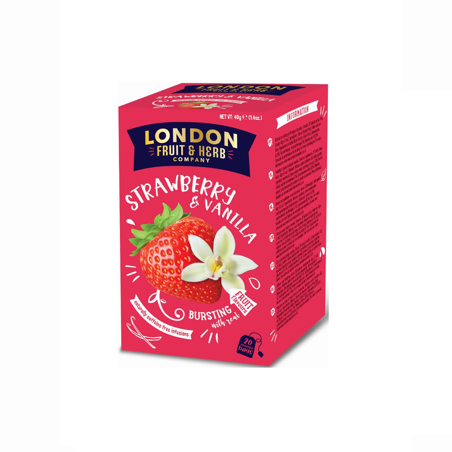 London Fruit® | Napar Truskawkowo-Waniliowy | Pojedyncze saszetki naparu z hibiskusa, truskawki i wanilii - 6 x 20 filtrów (240 gr) | Herbata ziołowa bez kofeiny