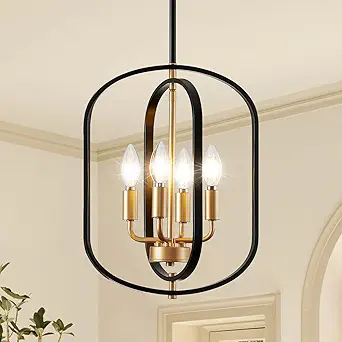 Black and Gold Farmhouse Chandelier for Dining Room, Entryway, Living Room, Kitchen - Adjustable Modern Pendant Light Fixture