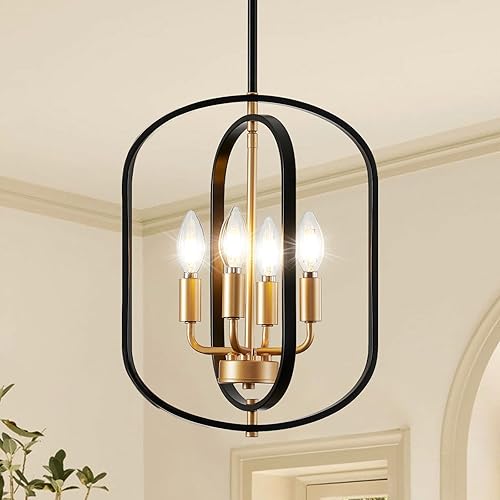 Black and Gold Chandelier for Dining Room, 4 Light Farmhouse Entryway Light Fixture, Adjustable Modern Farmhouse Chandelier Light Rustic Small Kitchen Chandelier for Entryway, Living Room, Foyer