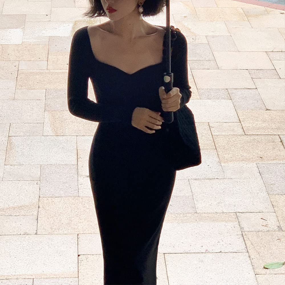 Femme Longues Manches Robe Moulante en Tricot Côtelé sans Bretelles Sexy pour Dames Automne Hiver Robe Pull Mi-Longue À Manches Longues, Noir, Taille Unique