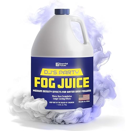 ESSENTIAL VALUES Fog Machine Fluid (128 FL OZ / 1 Gal) Fog Juice Long-Lasting Medium Density Liquid for Water Based Foggers, Perfect for 400 Watt to 1500 Machines, Outdoor or Indoor, Made in USA