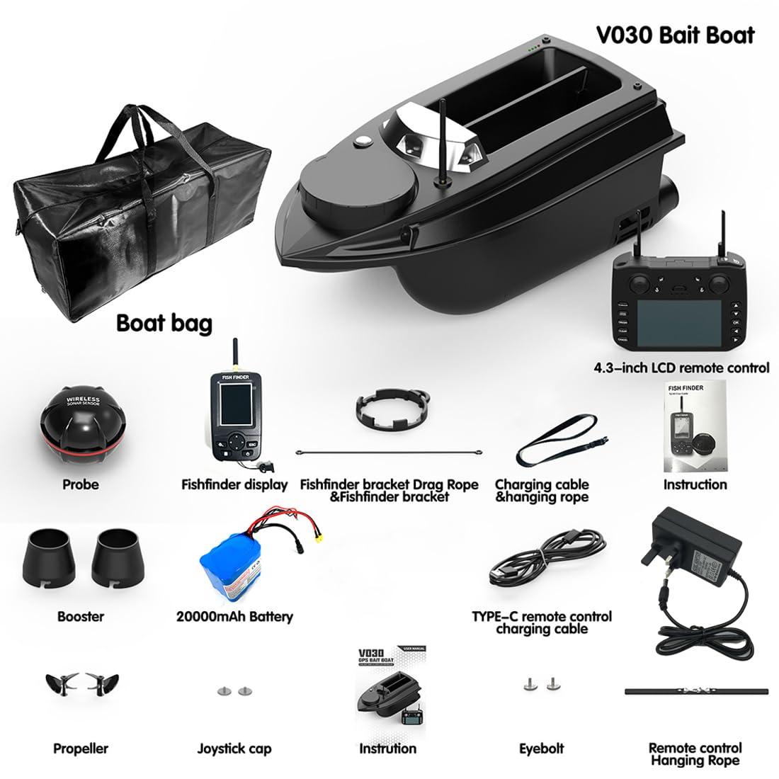 Bateau amorceur radiocommandé GPS pour la pêche à la carpe, V030 12V 20000mAh 800M, télécommande, capacité d'appât de 3 kg, retour automatique et lumières LED, bateau de pêche radiocommandé pour lac