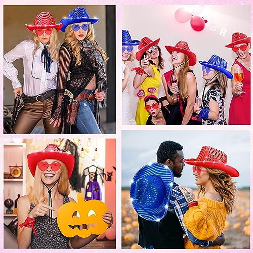 Image of Shihanee 18 Pcs Light Cowboy Hat Space Cowgirl Hat LED Flashing Hat with Heart Glasses Western Costume Paisley Bandanna