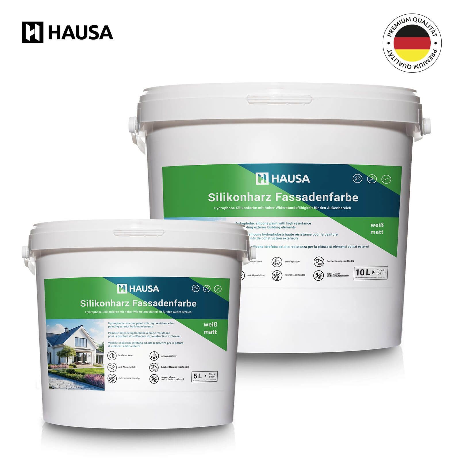 Hausa Silikonharz Fassadenfarbe 10L weiß matt, hochdeckende hydrophobe Außenfarbe mit Abperleffekt für alle Außenputze, Beton, Zement, Mauerwerk, Ziegel, witterungsbeständig atmungsaktiv