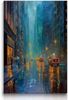 Fchen art Abstract Street Night View Oil Painting Romantic City Wall Decor Rainy DayGraffiti Picture Umbrella Beautiful Print Painting Artwork for Home Living Room Bedroom Office Decor 16"x24"