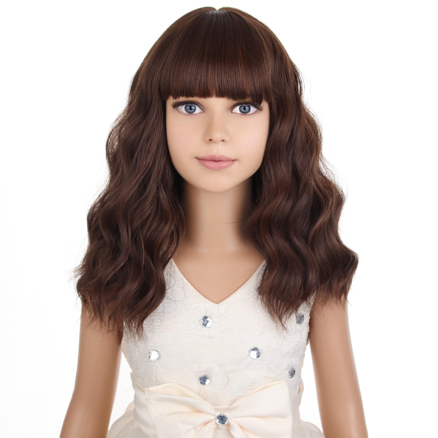 Photo 1 of PATTNIUM Kids Short Brown Wig Girls Mixed Brown Short Curly Wavy Wig Chocolate Brown Synthetic Children Wigs Cosplay Costume Party with Wigs Cap
