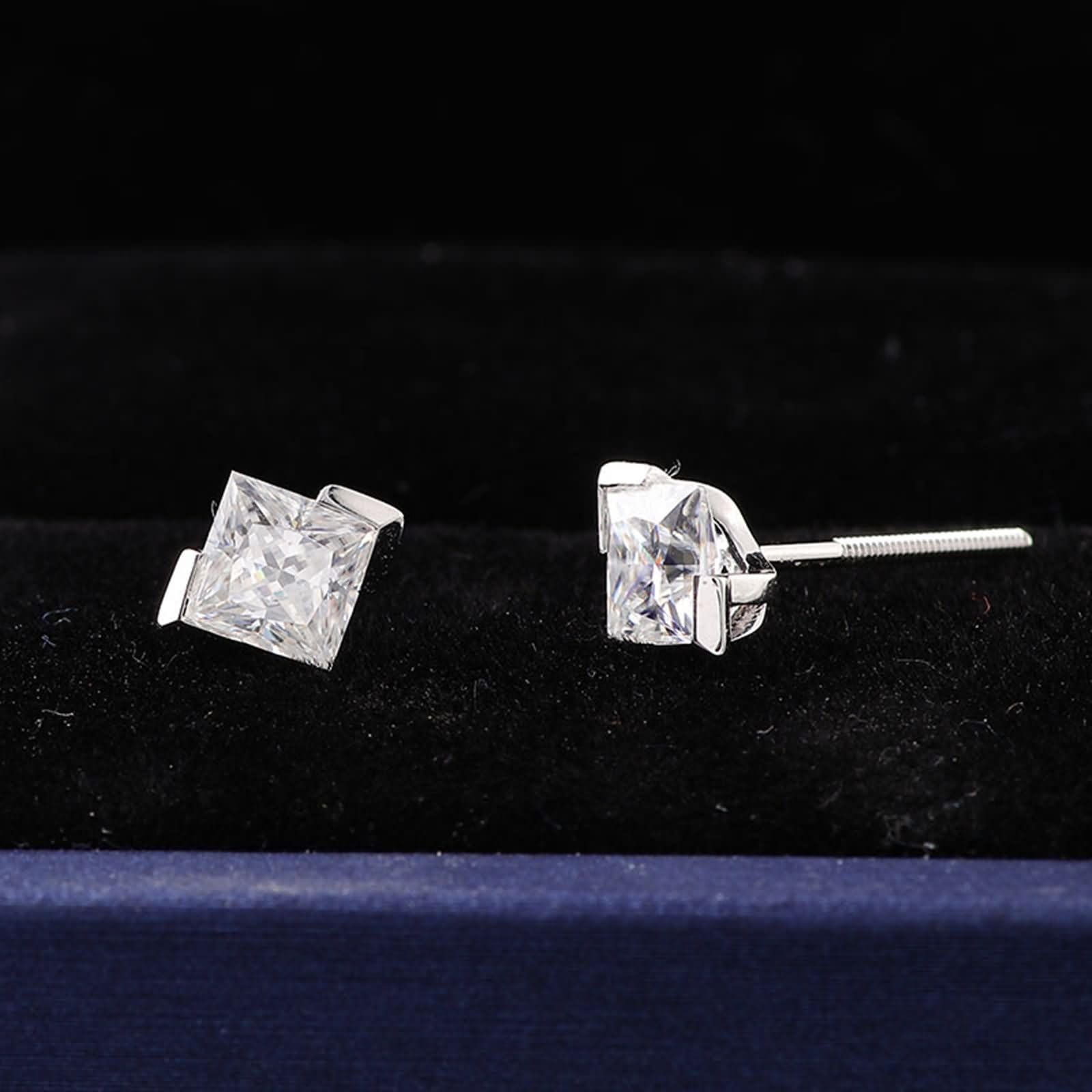 Ohrringe Damen 9K / 14K / 18 K Weißgold, Quadrat mit Moissanit, Frauen Ohrstecker Ohrringe Silber