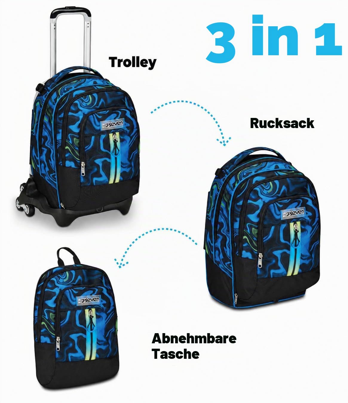 Seven Schulranzen mit Trolley-Funktion, Rucksack mit Rollen, zum Ziehen, für Schule Sport Freizeit, ab 1. Klasse, Detach, 3 in 1, mit Trinkflaschenfach, mit kleinem Rucksack, für Kinder, mehrfarbig