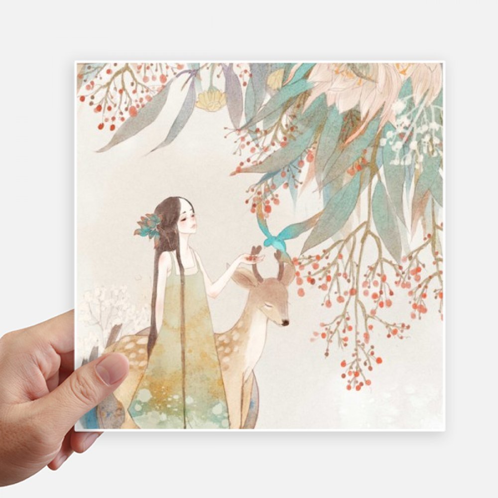 Sticker carré cerfs style classique chinois 20 cm illustration artistique fine pour PC et mur