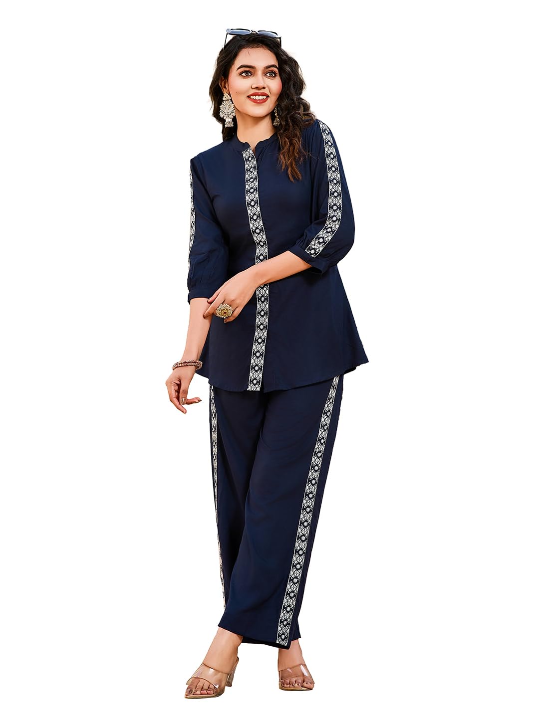 Women's Embroidered Silk Blend Navy Blue Top Trousers Co-Ords(VC_5029CO)-image-15