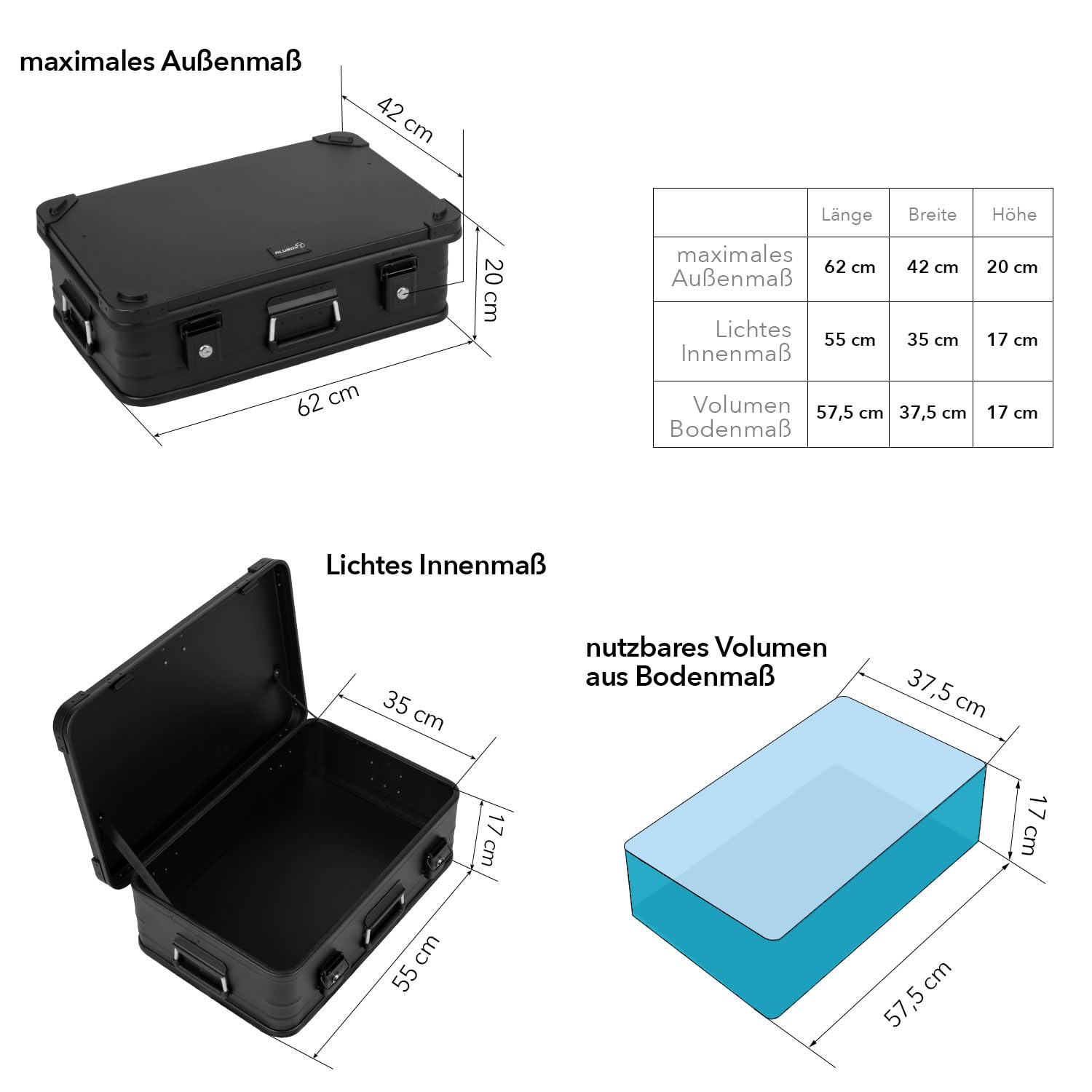 Alubox Alukiste abschließbar E39-BLACK - Premium Aluminium Lagerbox 39 Liter - Deckel mit Aluminium Druckguss Stapelecken und Gummidichtung - inklusive Schlösser - komplett schwarz