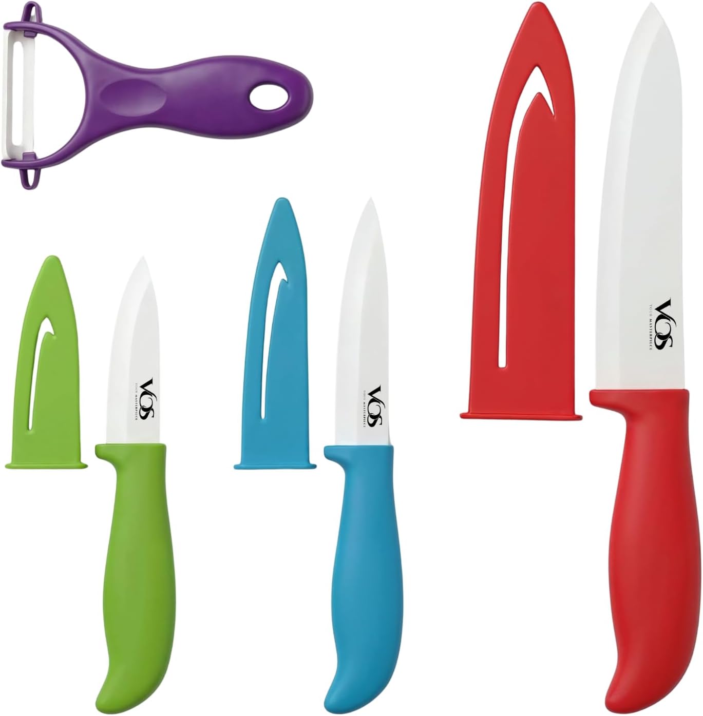 Vos Ceramic Knife Set with Peeler, Ceramic Knives Set For Kitchen, Ultra Sharp Kitchen Knife Set with Covers, 3" 4" 6" Paring, Utility & Chef Knife, Lightweight, Dishwasher safe (Multi-Color Handle)