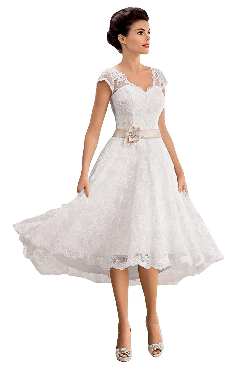 Carnivalprom Women's Elegant V-Neck Wedding Dresses Tea Length Flower Waist Lace Bridal Gown