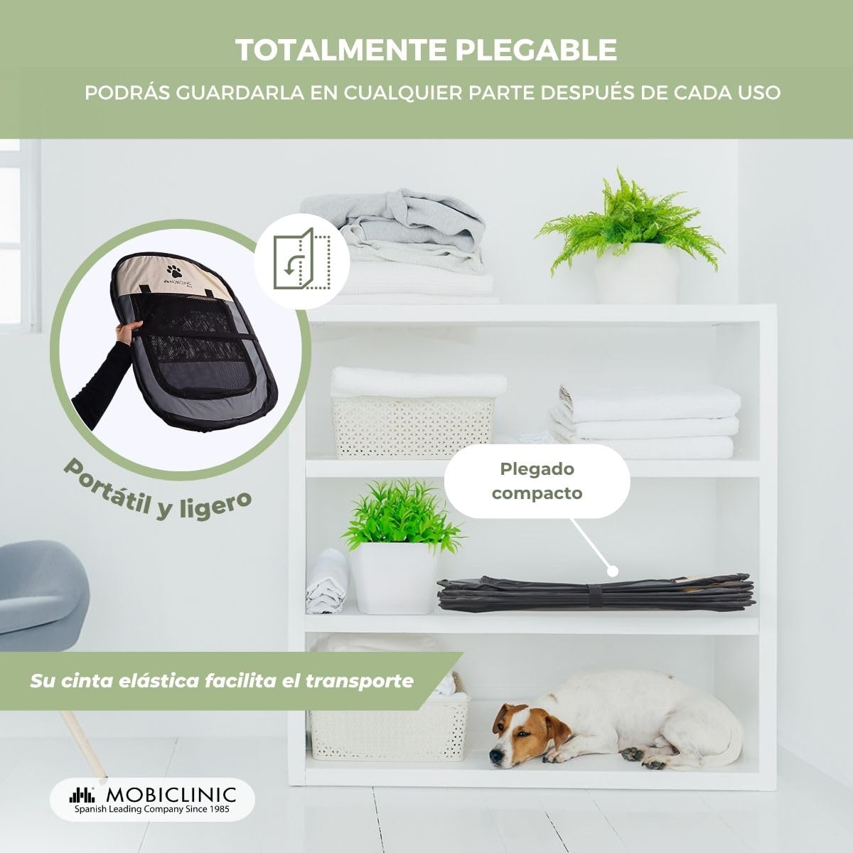 Mobiclinic® Pets, Parque para Perros, Plegable, 114x114x58cm, Scooby, 2 accesos, 8 Ventanas, Cinta elástica Guardar, Interior y Exterior, Tela de Malla 600d, Fácil Limpiar, Gris