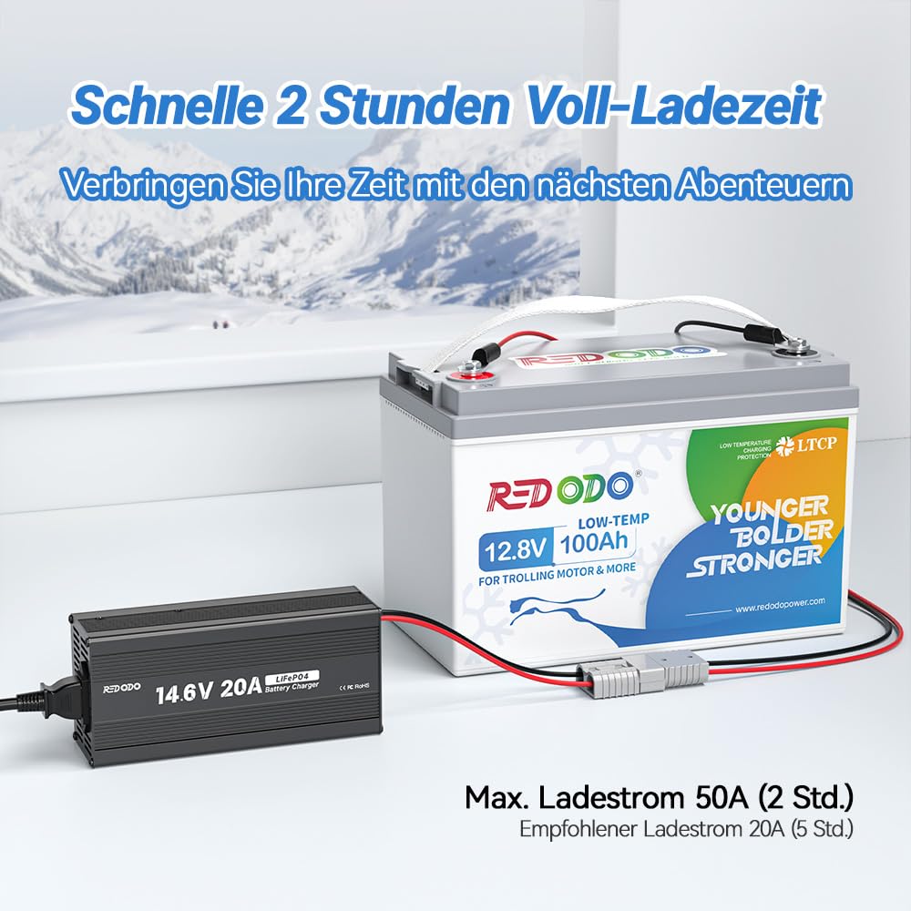 Redodo 12,8 V 100 Ah Low Temp Cut-Off LiFePO4 Deep Cycle akumulator o mocy 1280 W, wbudowany akumulator litowy 100 A BMS, 4000+ cykli ponownego ładowania, idealny do silników trollingowych, systemów