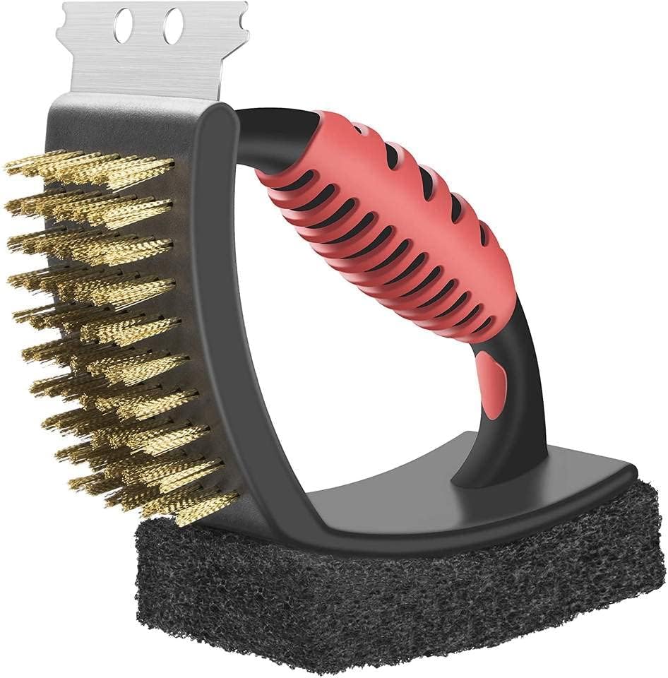 Premium Grill Brush, Scraper & Scrubber Tool 3 in 1 Safe BBQ Brush for Grill – Stainless Grate Cleaner - Grill Accessories for Porcelain/Weber Gas/Charcoal & Gas Grill (Black & Red Hand Brush)