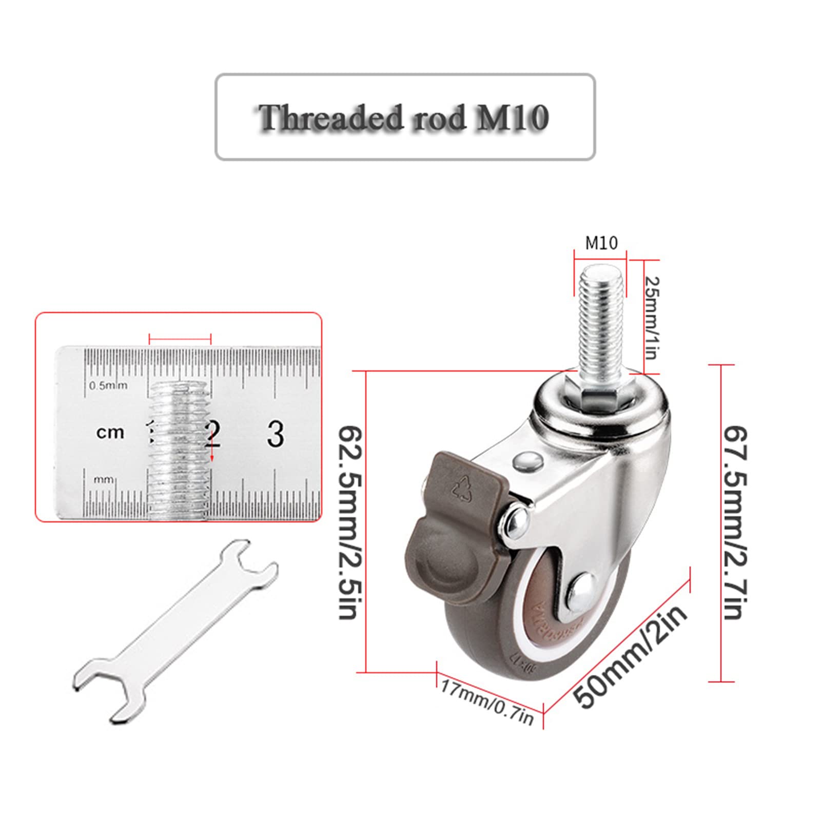Rotelle girevoli mute Gomma TPR,Pivotanti Ruote mobili,Ruote Con gambo filettato,per Mobili,Sedie,Tavolo,Carrello,Banco da lavoro,4 pezzi,M10-2nobrakes+2brakes