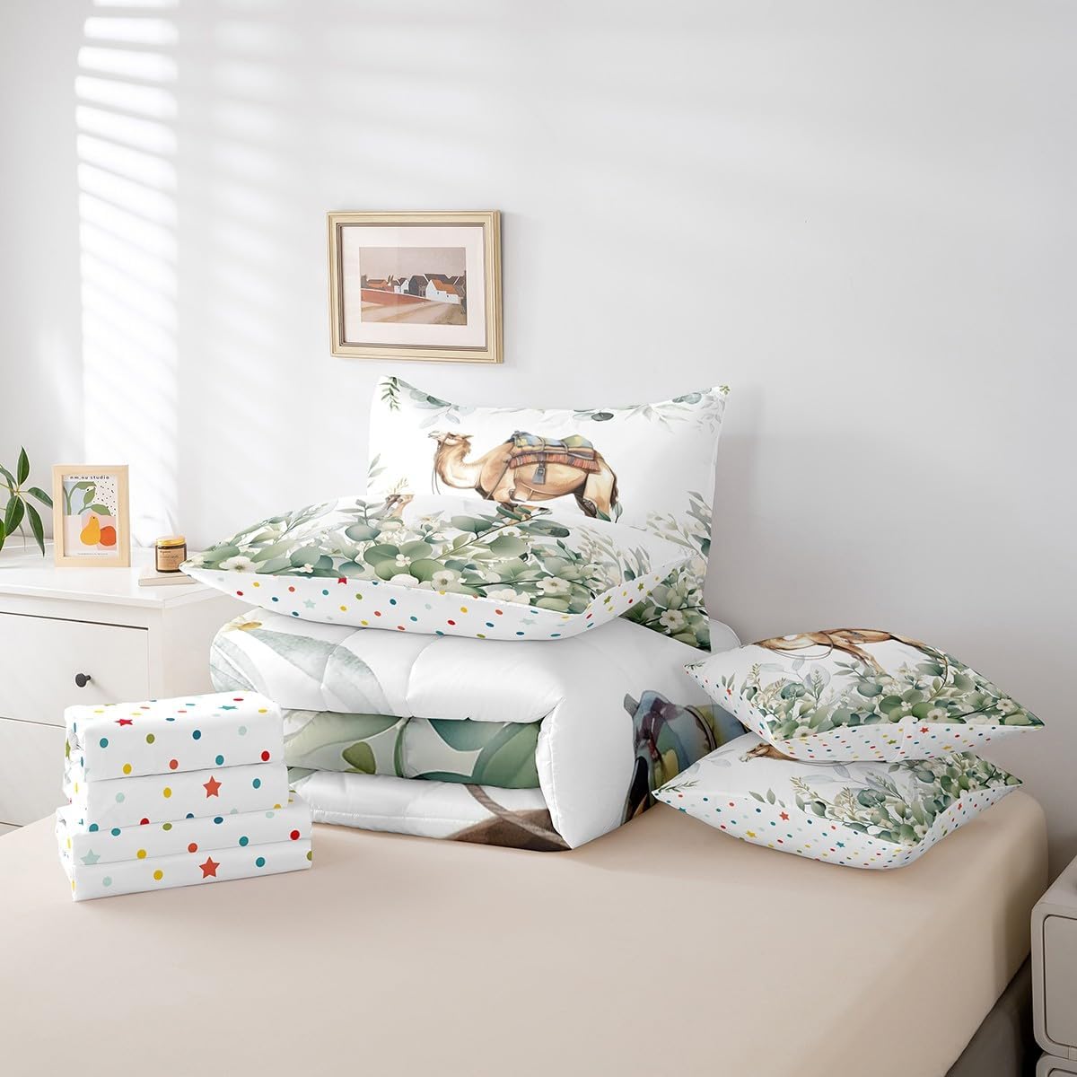 Erosebridal Boys Cartoon Animal Bed in a Bag 7-Piece for Kids Kawaii Camel Bedding Set, Desert Animal Queen Comforter Set Tropical Wildlife Bedding Comforter Sets, Botanical Green Eucalyptus Bed Set