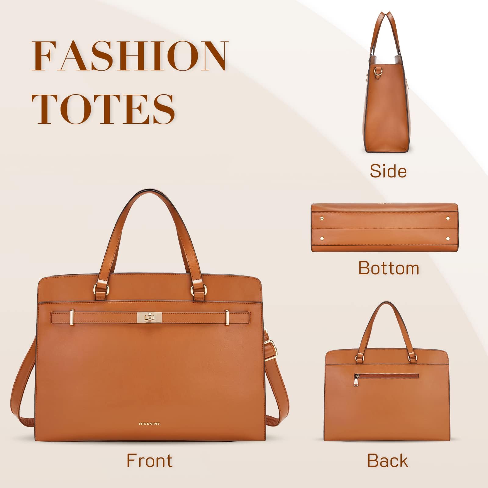 Missnine Sacoche pour ordinateur portable 15,6" en cuir synthétique - Grand sac de travail - Porte-documents pour ordinateur - Sac à main d'affaires,marron