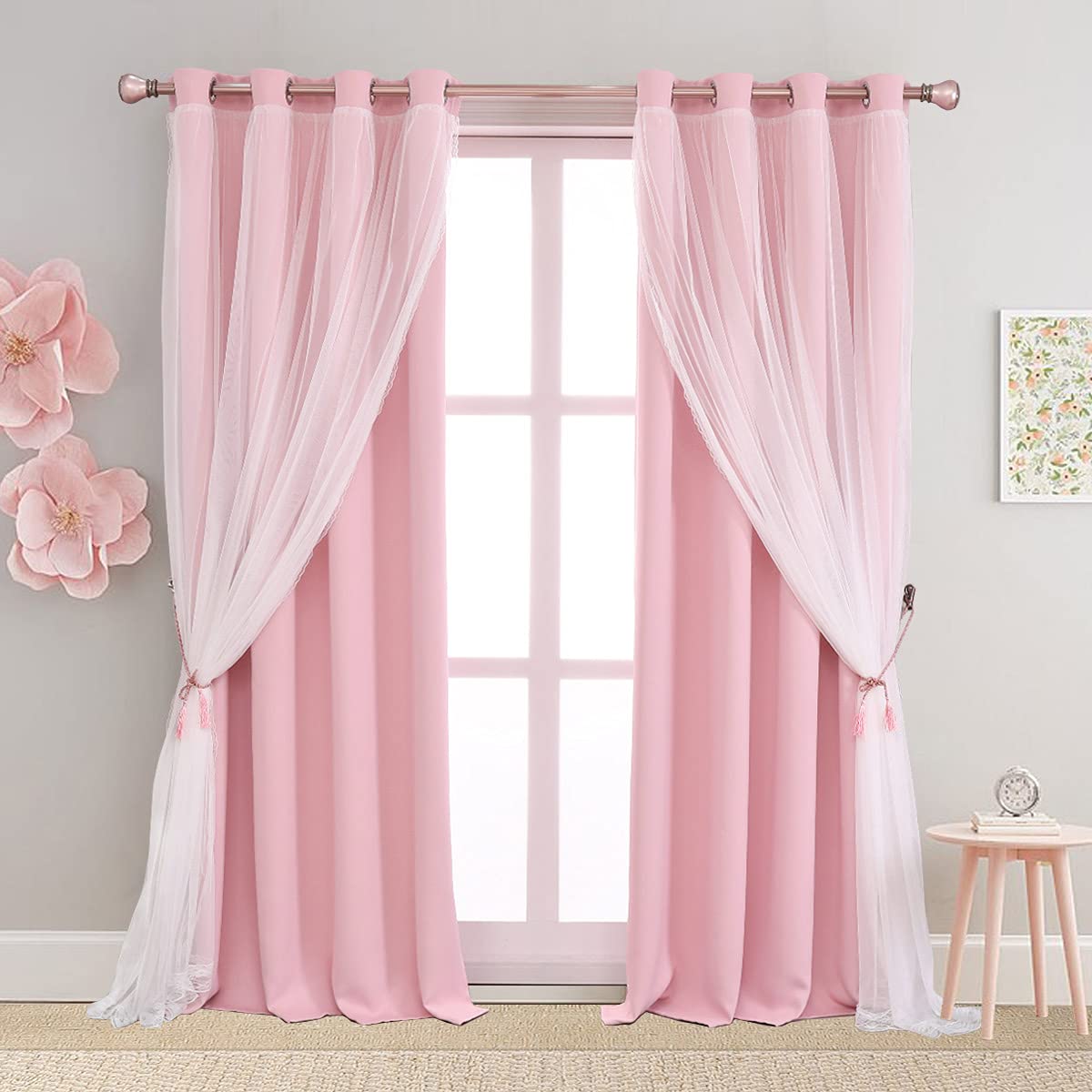 double layered blackout pink curtains 2 panels - princess cute and girly draperies for bedroom living room nursery pink lace hem room darkening curtains 52x84 inches