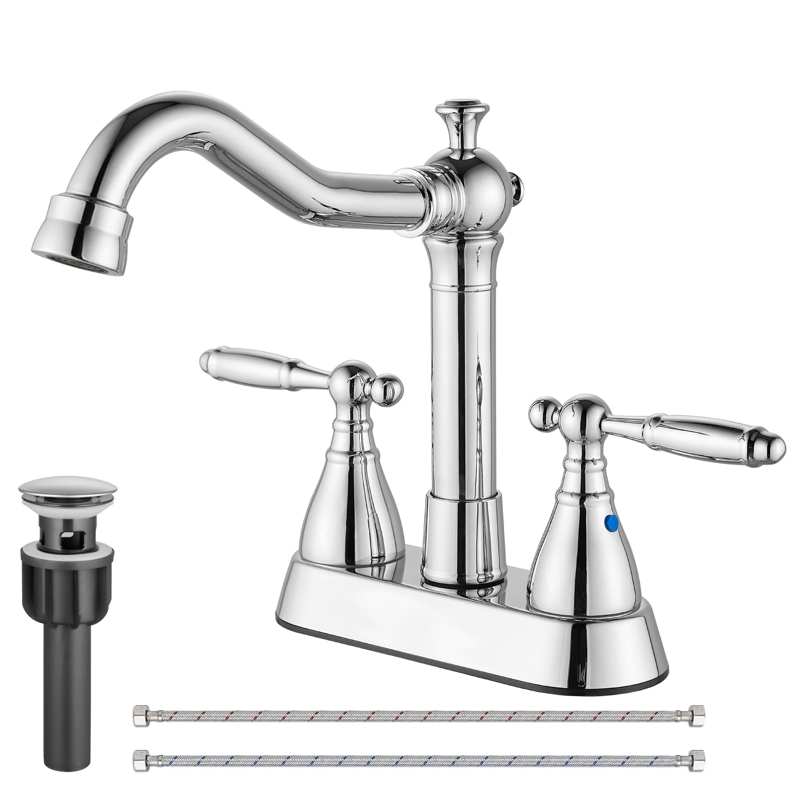 Polish Chrome Deck Mount 4 Inch Centerset Bathroom Faucet Double Handles Vanity Sink Faucet Swivel Spout Mixer Tap with Pop up Drain, Long Neck