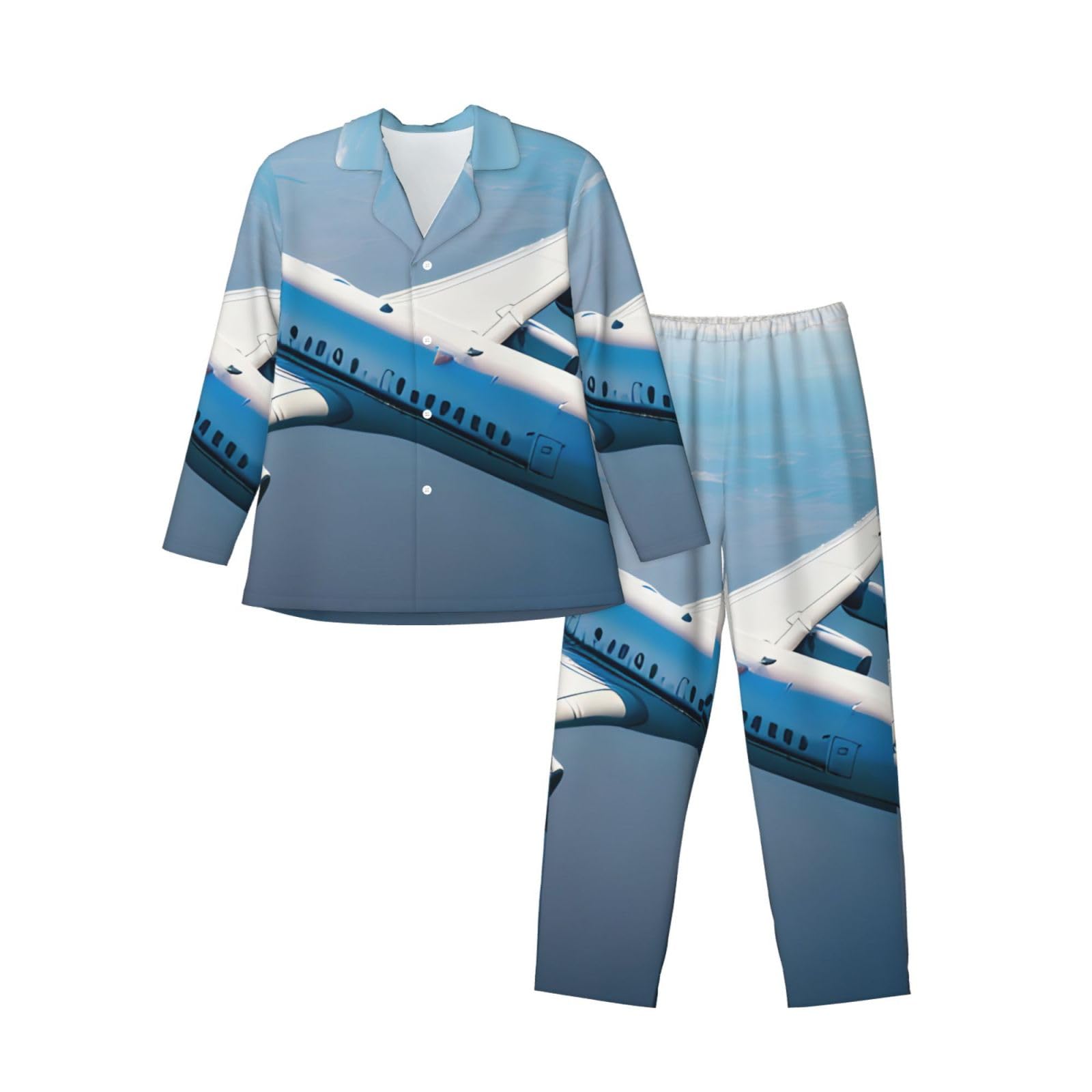Herren-Pyjama-Set mit Flugzeug-Druck, langärmelig, zweiteilig, Hauskleidung, bequeme Nachtwäsche